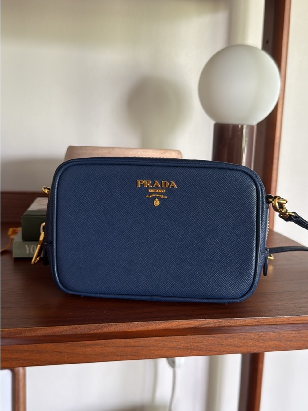Prada Navy Saffiano Crossbody Camera Bag with Gold Hardware